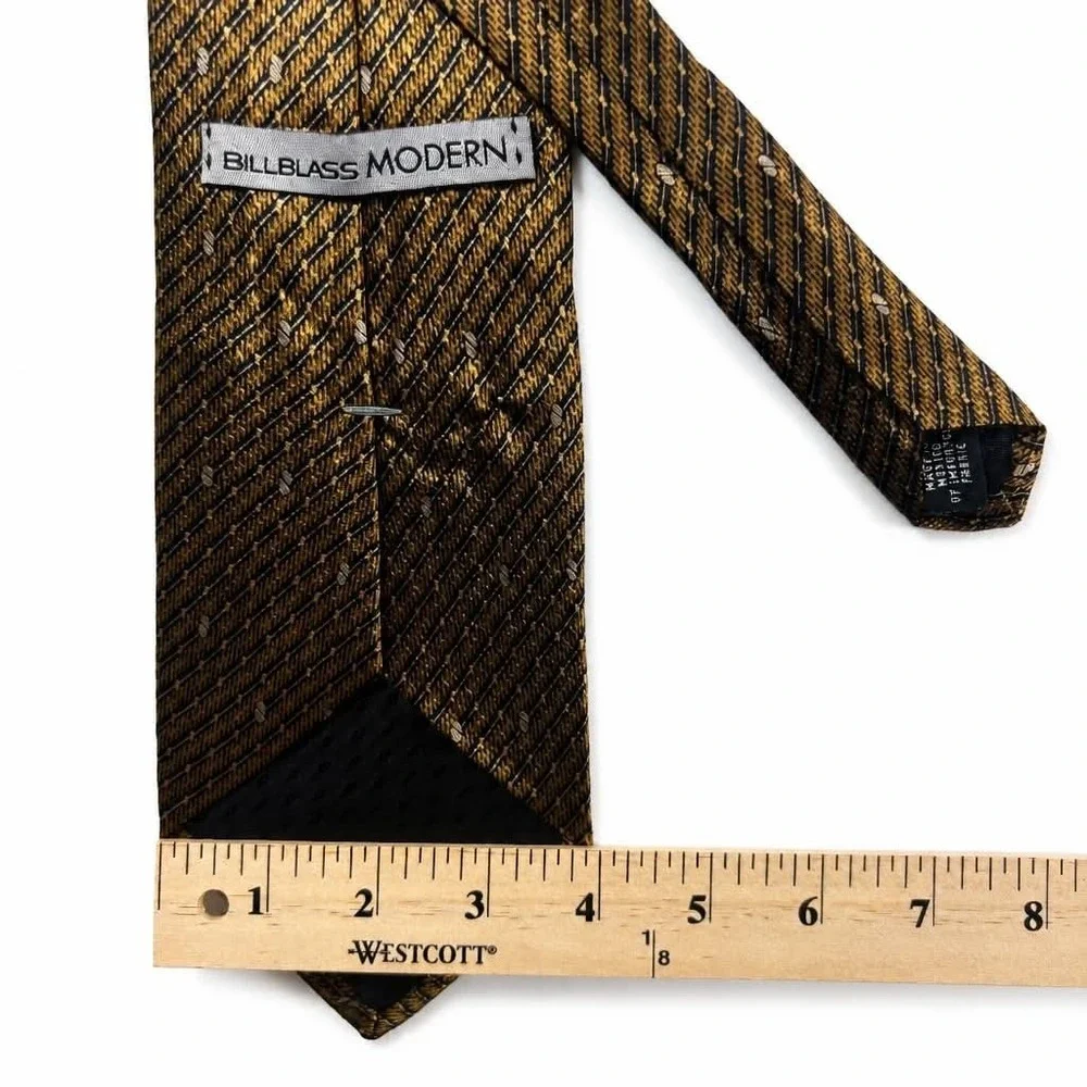 Bill Blass Modern Silk Tie Mens Gold Black Diagonal Stripe Woven Dot Necktie